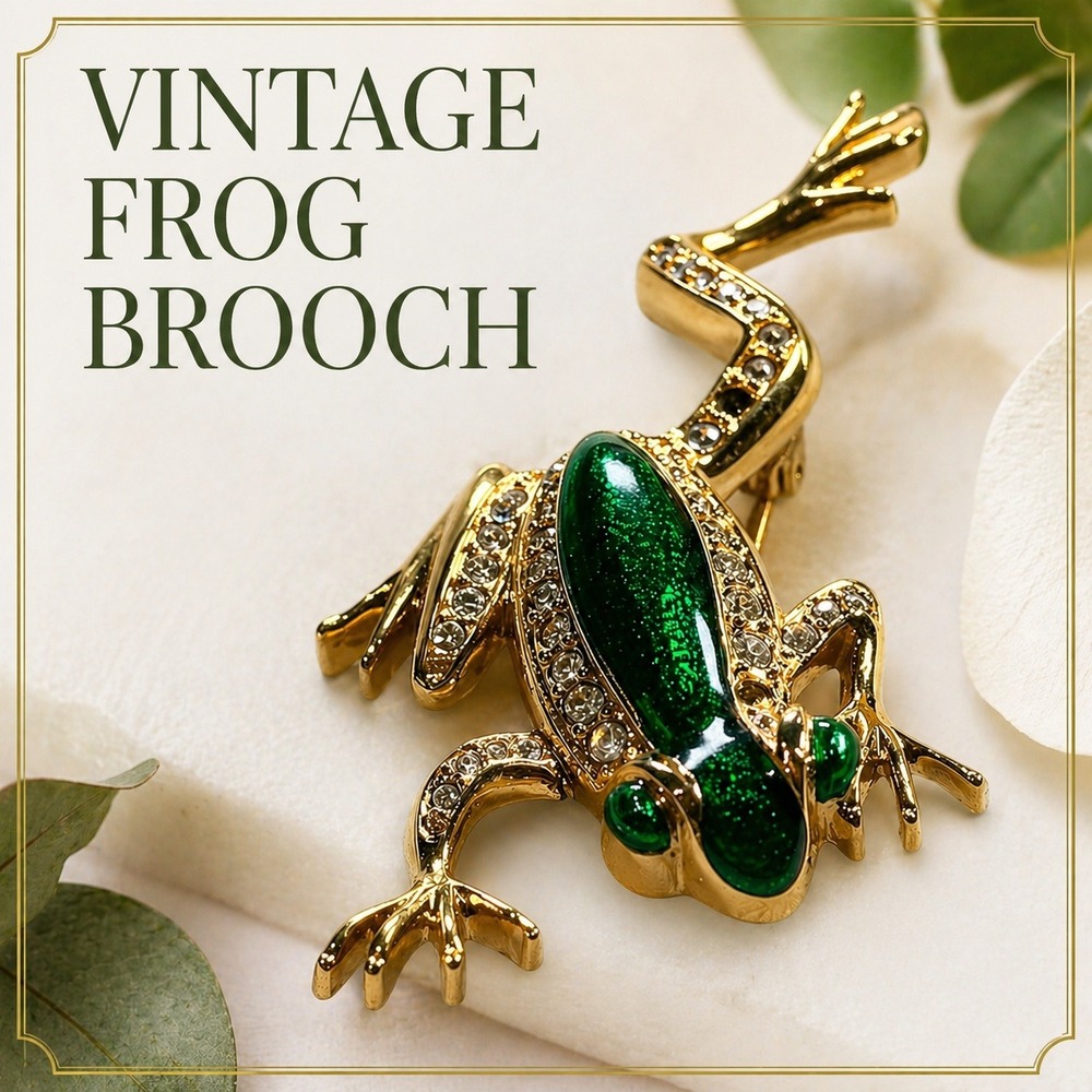 Vintage Frog Brooch Green Enamel Rhinestone Gold Tone Frog Pin Figural Jewelry